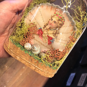 Antique Scrap & Seashell Memento Under Glass Dome
