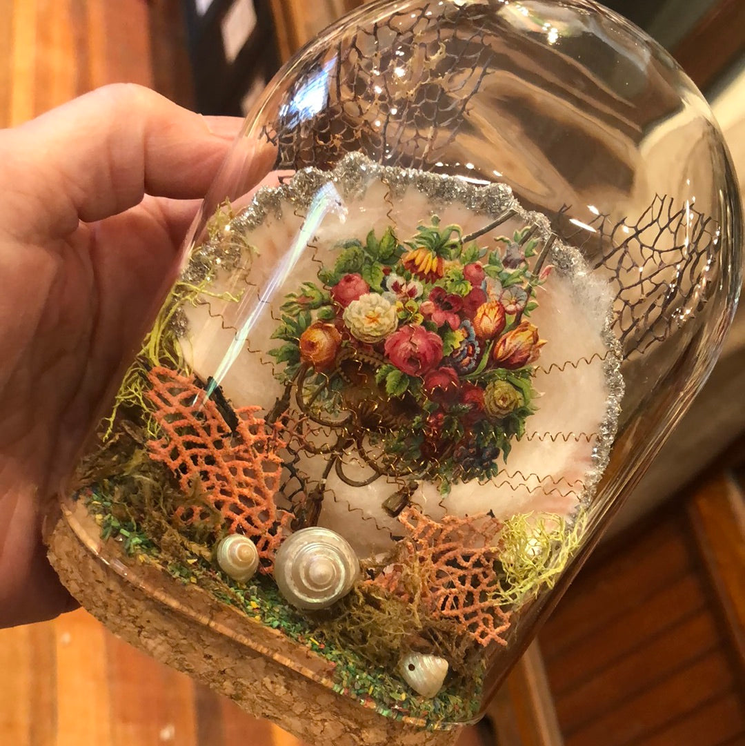 Antique Scrap & Seashell Memento Under Glass Dome