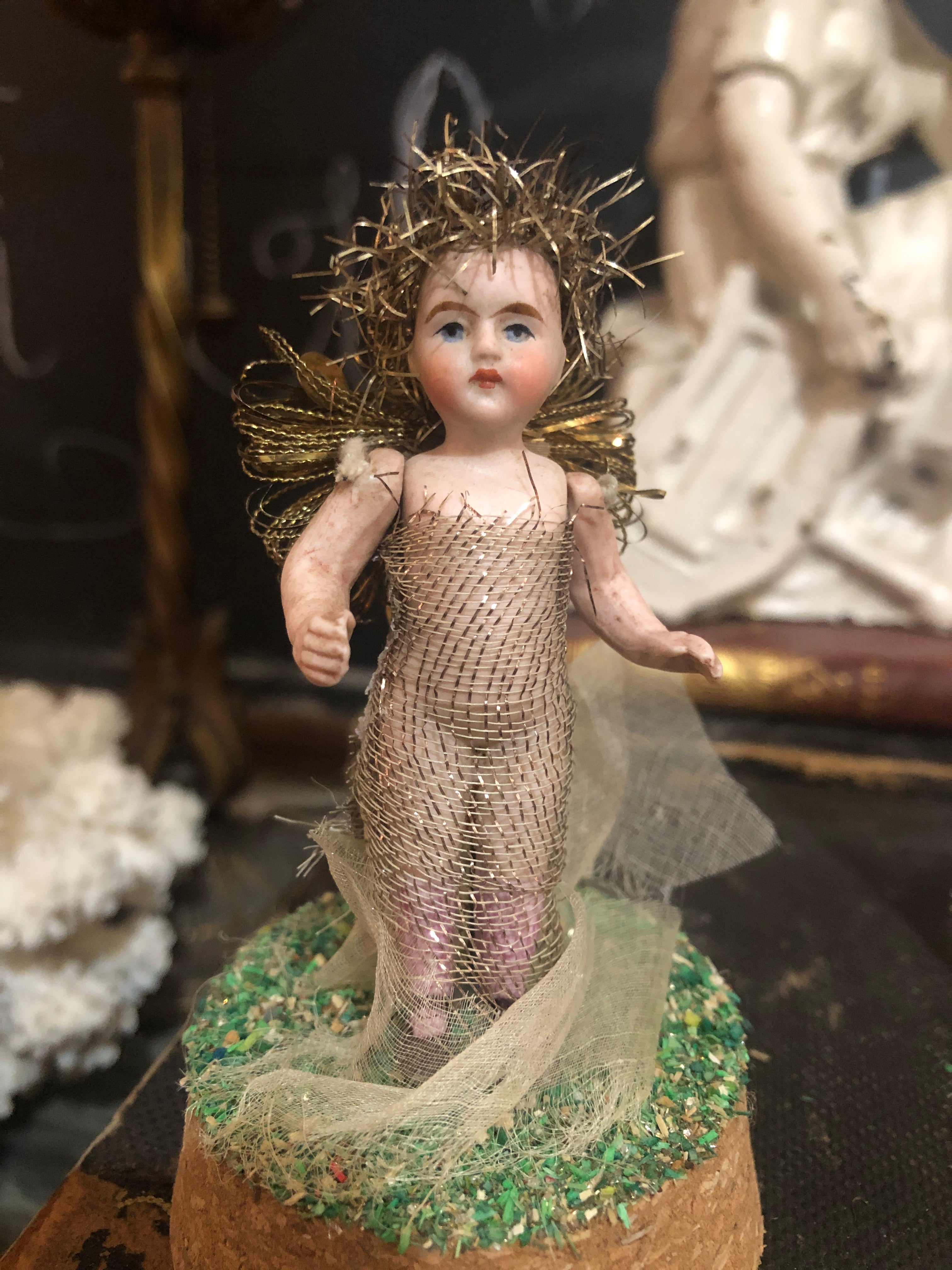 Antique Christmas Fairies Under Glass Dome