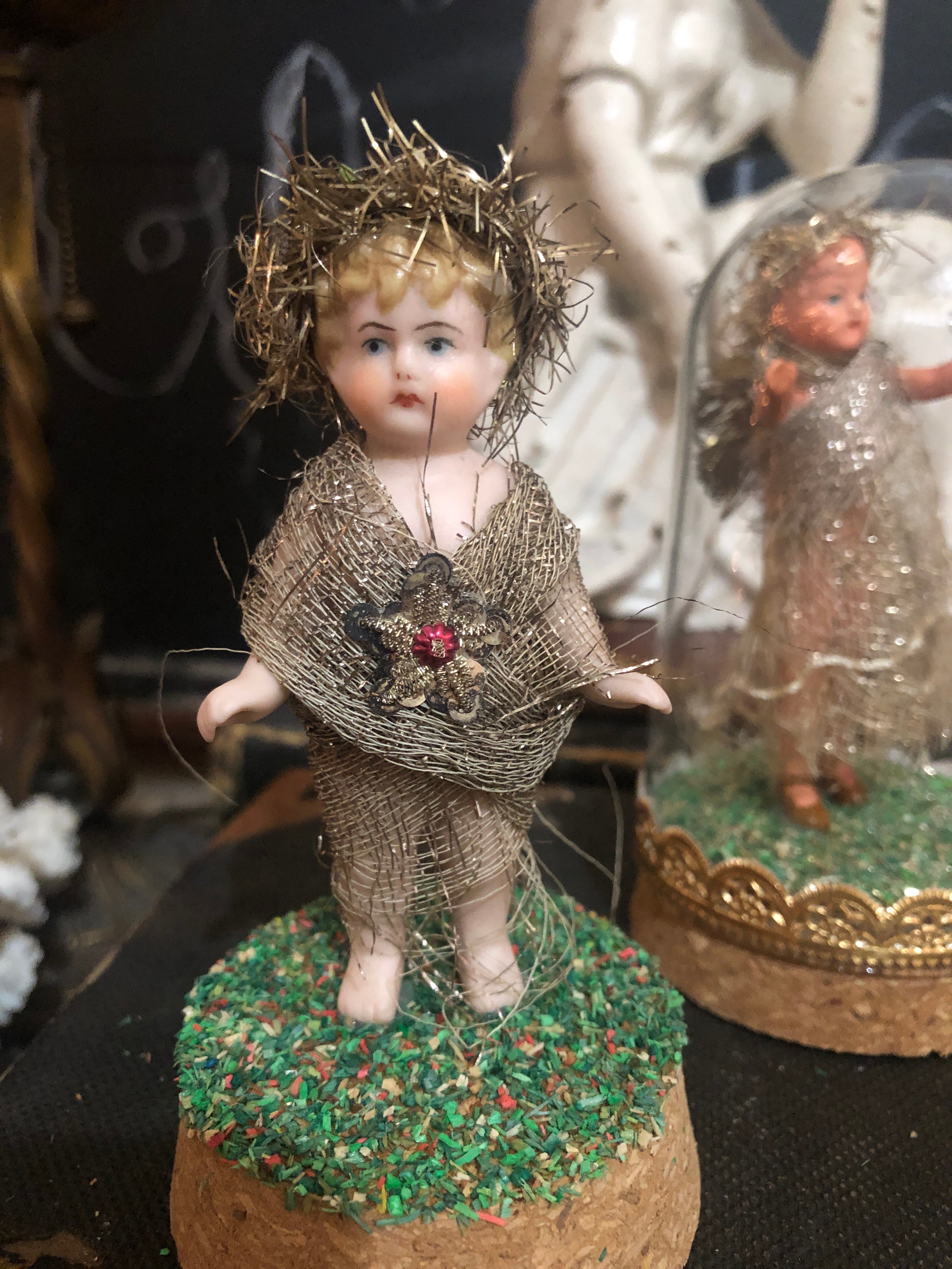 Antique Christmas Fairies Under Glass Dome