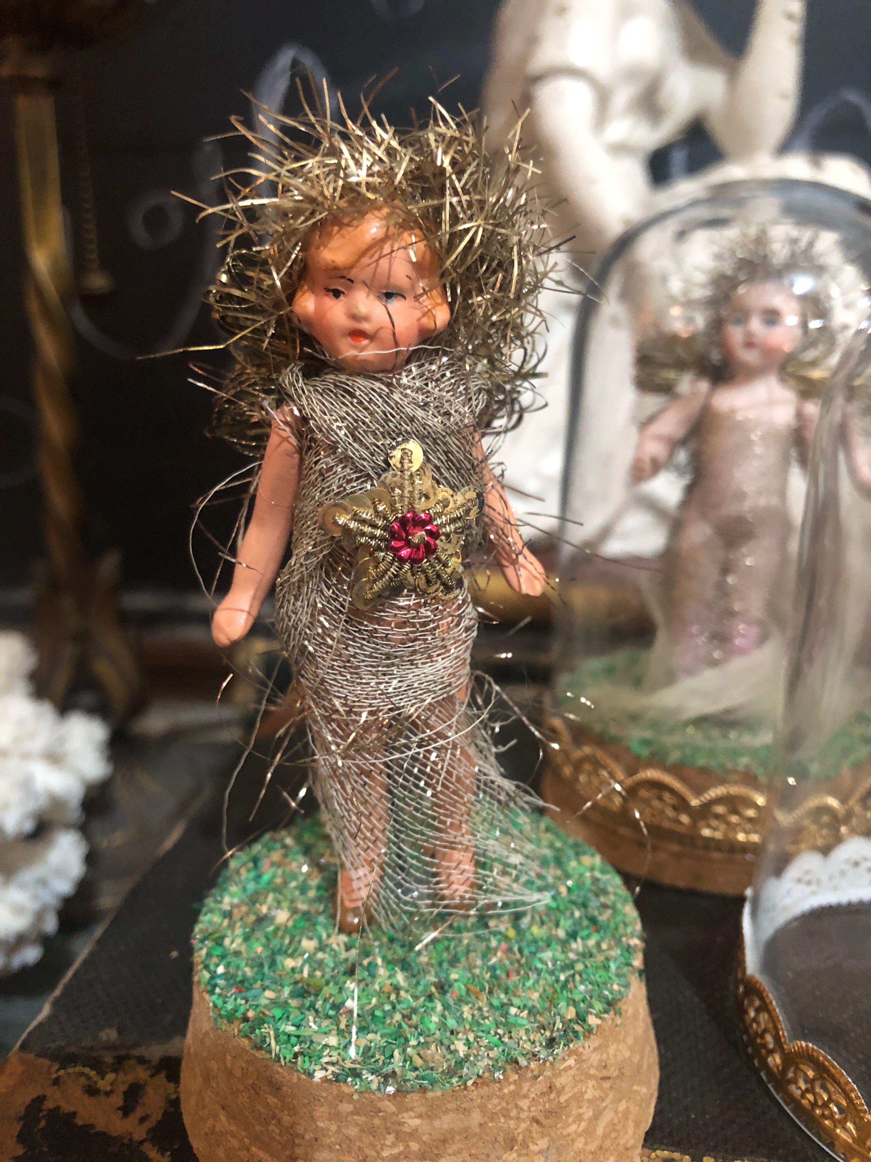 Antique Christmas Fairies Under Glass Dome