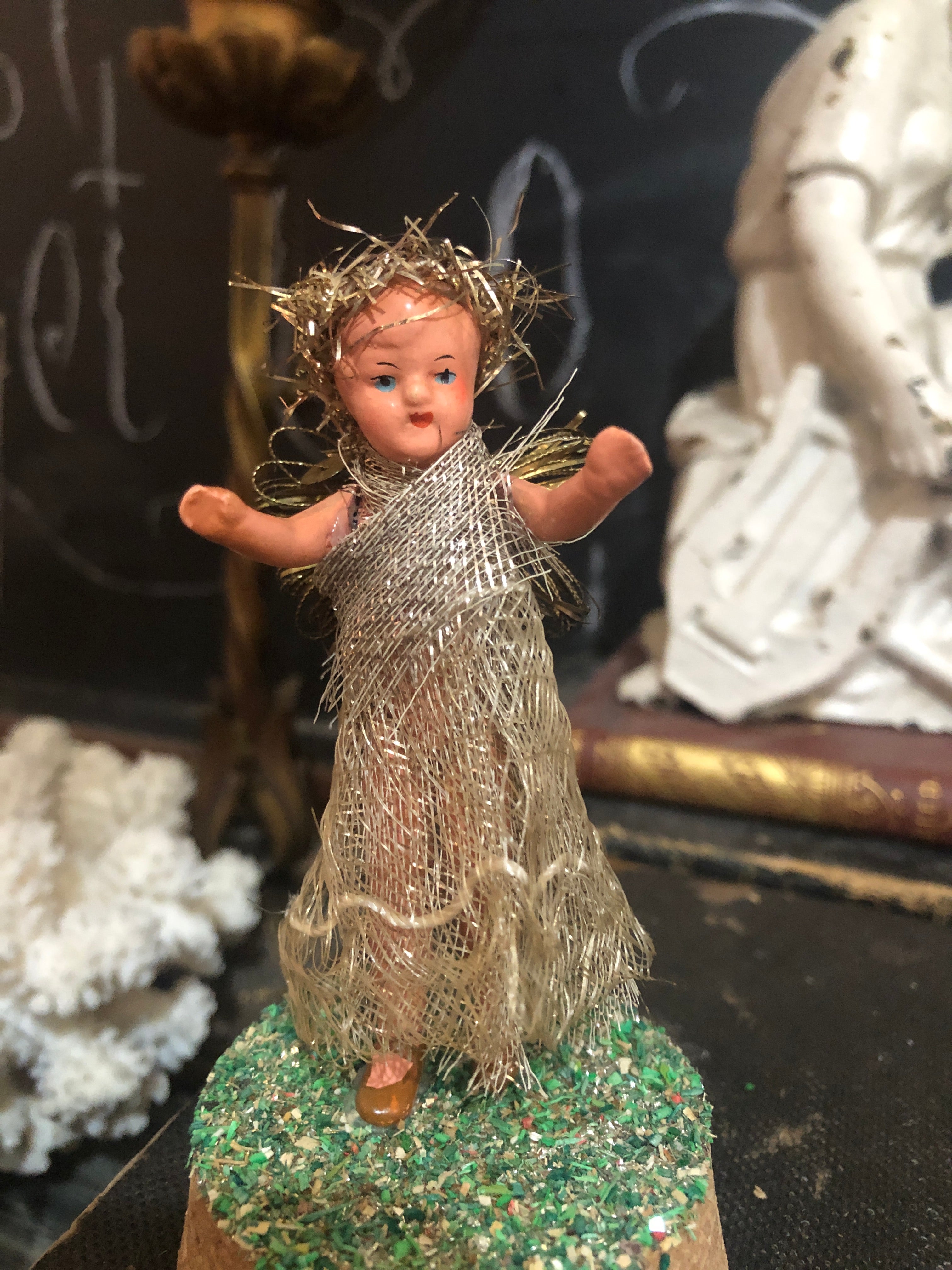 Antique Christmas Fairies Under Glass Dome