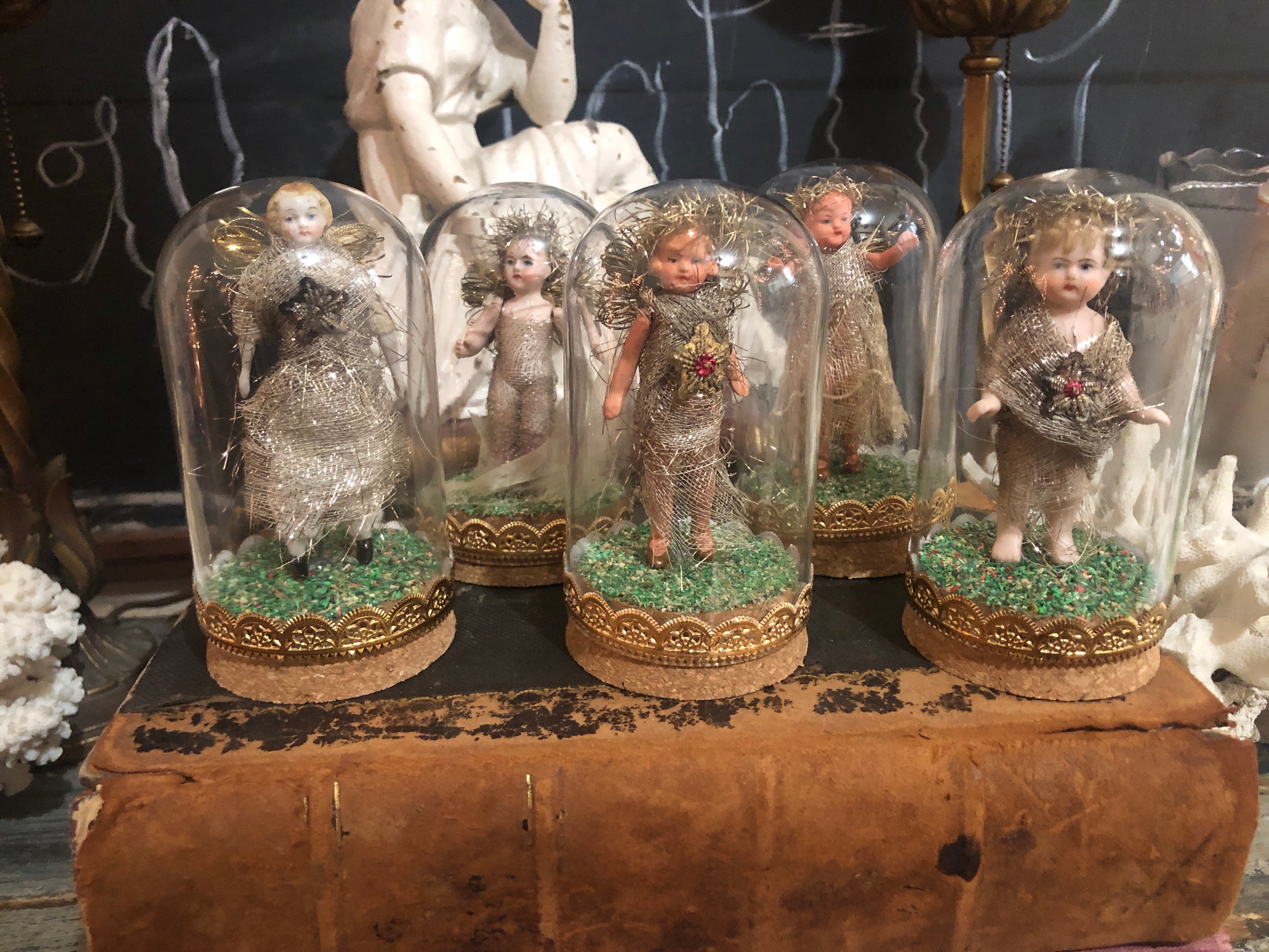 Antique Christmas Fairies Under Glass Dome