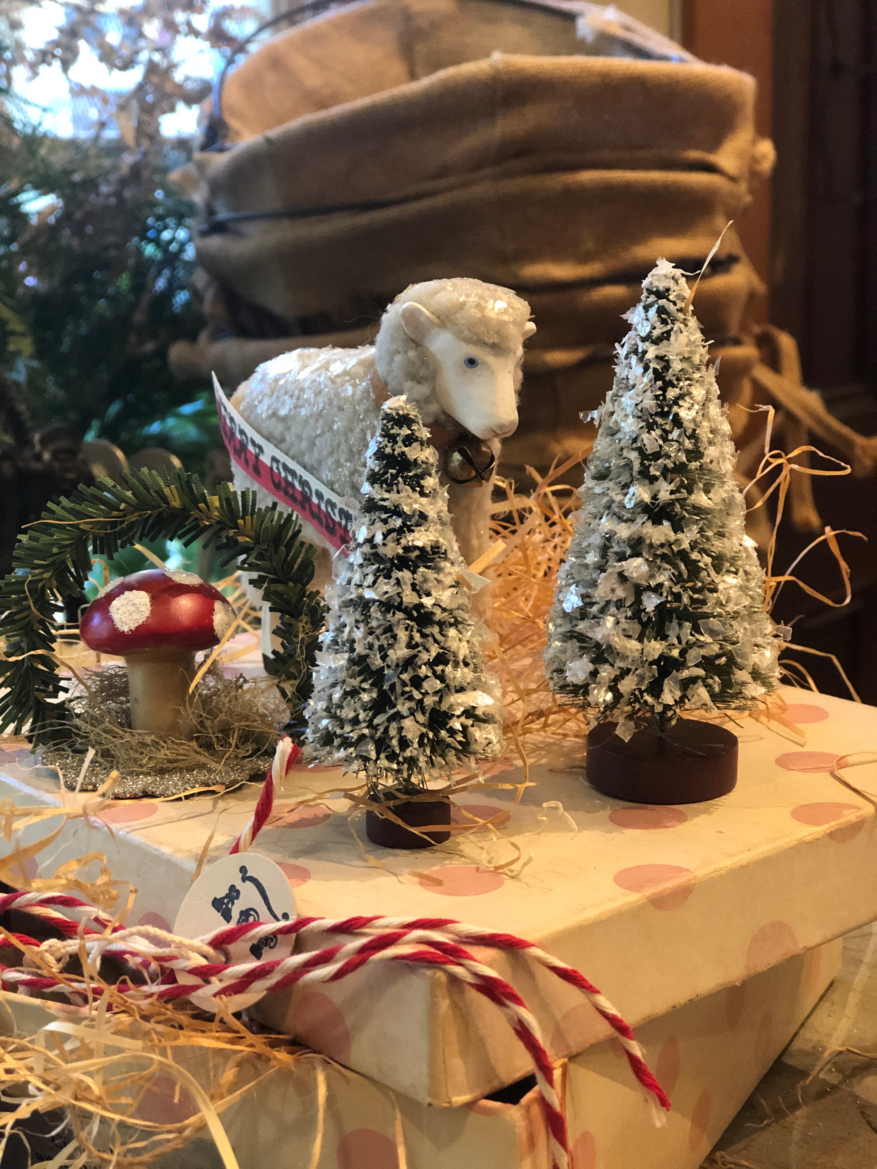 Tiny Christmas Vignette with Lamb in Vintage Box