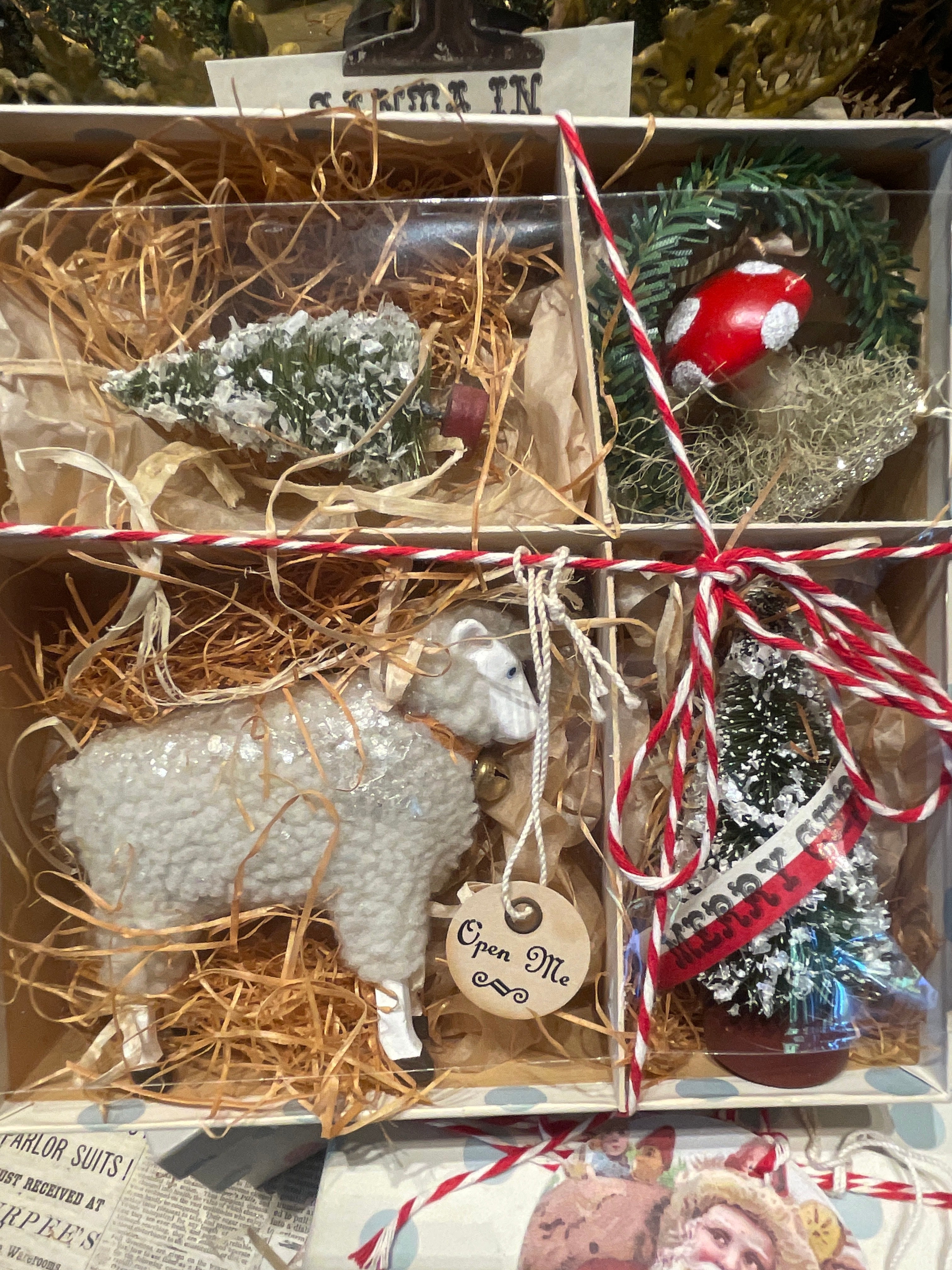 Tiny Christmas Vignette with Lamb in Vintage Box