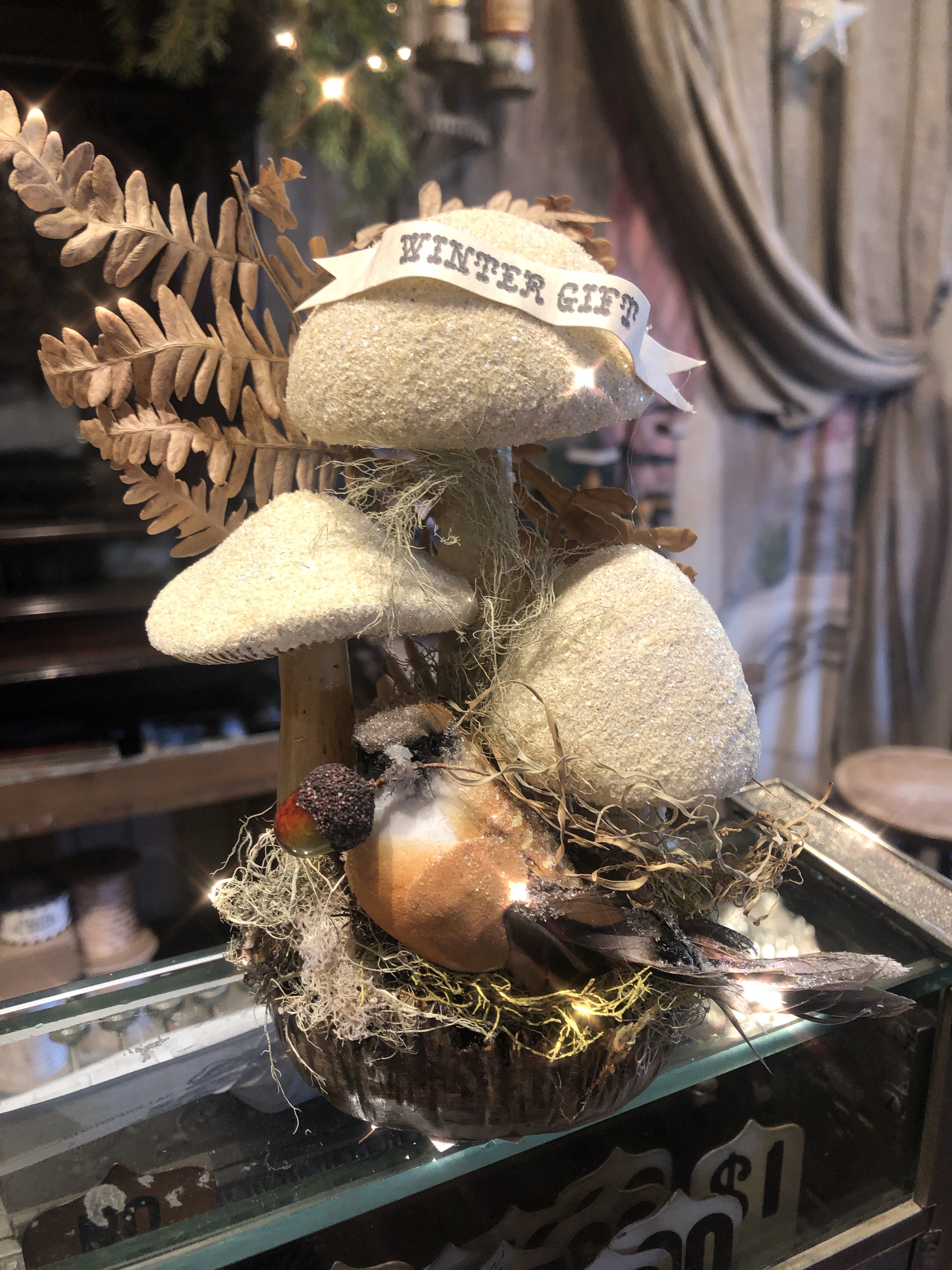 Winter White Mushroom & Bird Display