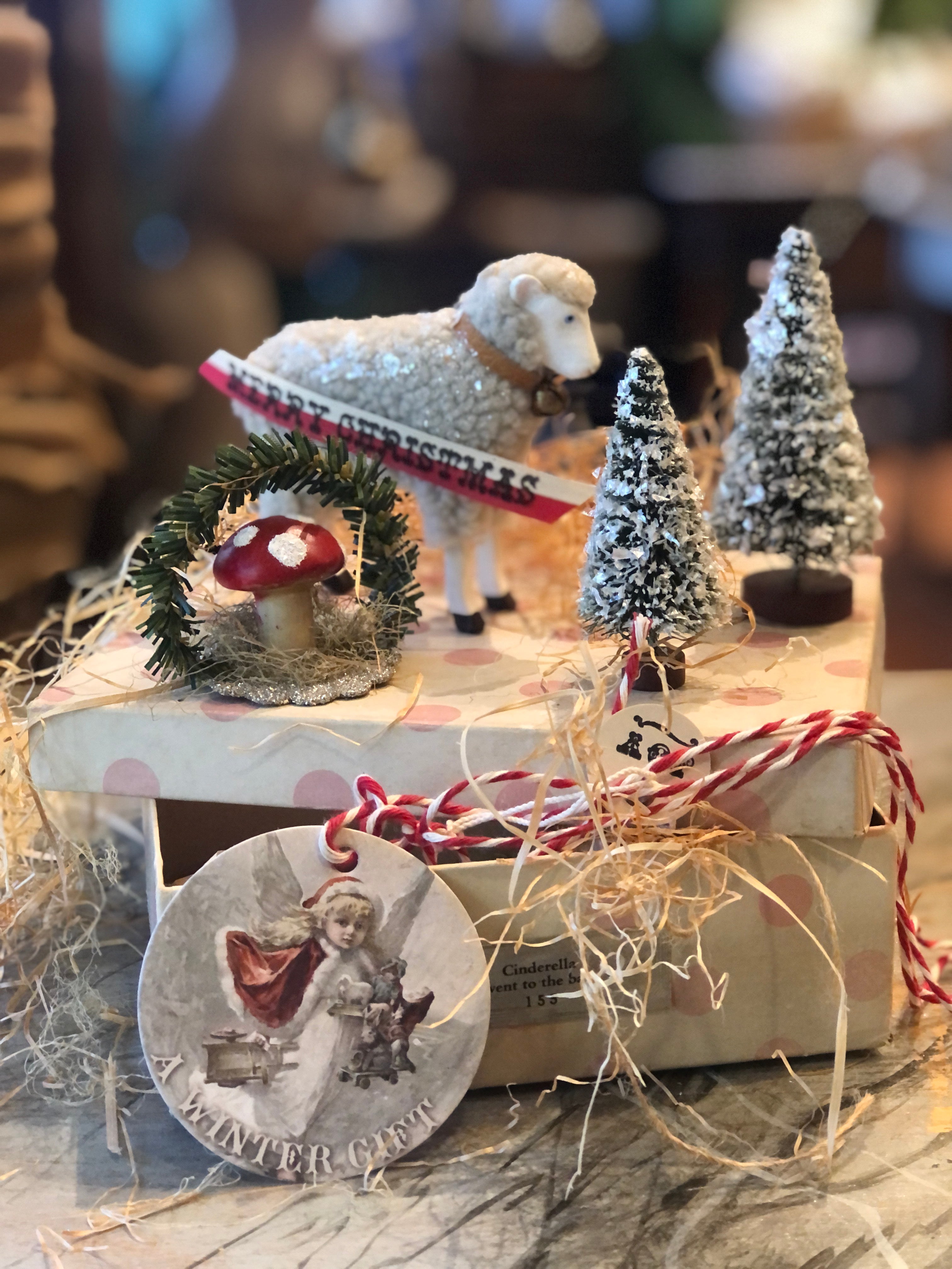 Tiny Christmas Vignette with Lamb in Vintage Box