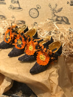 Load image into Gallery viewer, Black Glitter Witchy Shoes with Antique Die Cut
