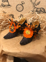 Load image into Gallery viewer, Black Glitter Witchy Shoes with Antique Die Cut
