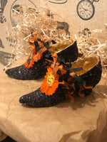 Load image into Gallery viewer, Black Glitter Witchy Shoes with Antique Die Cut
