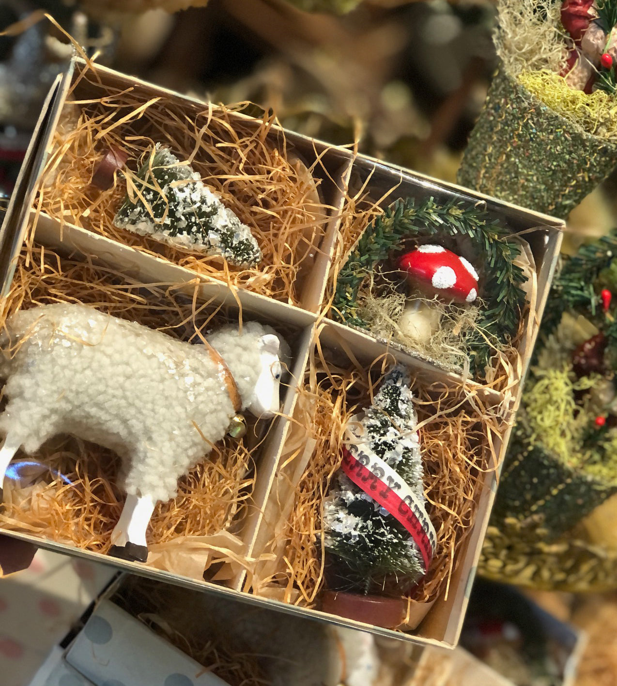 Tiny Christmas Vignette with Lamb in Vintage Box
