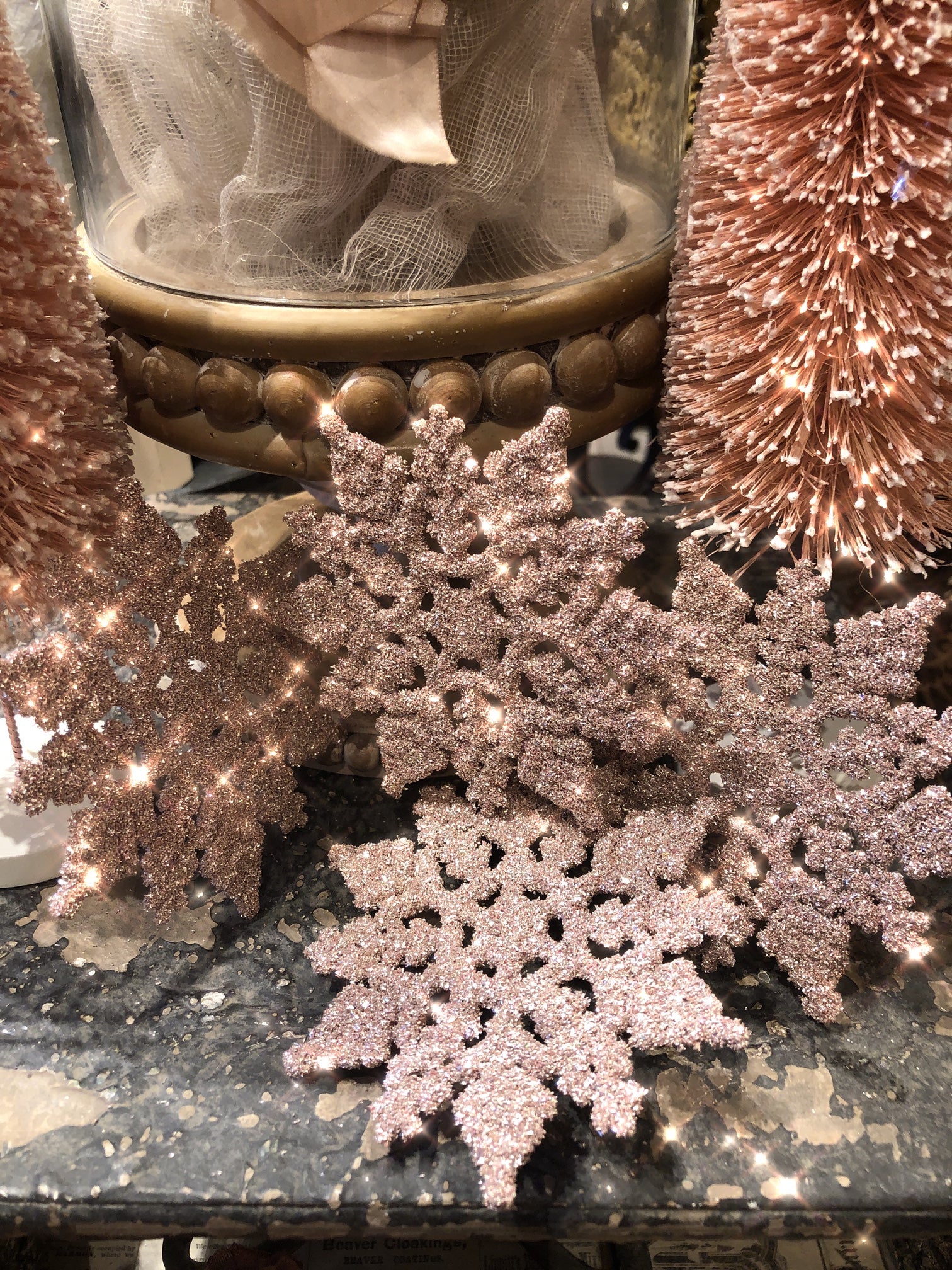 Pink and Silver Glittered Snowflakes