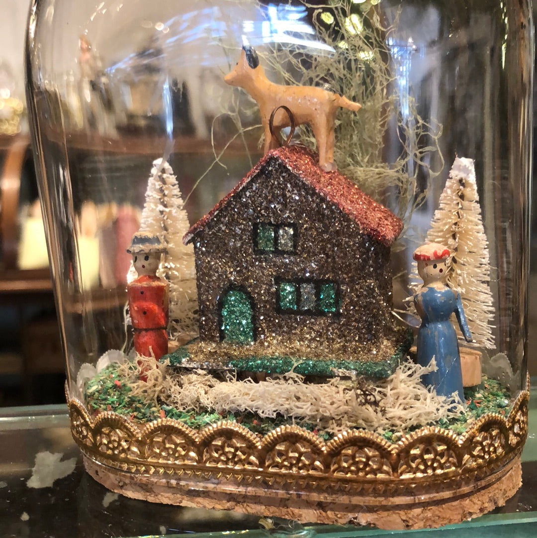 Erzgebirge Toys and Cottages Under Glass Dome