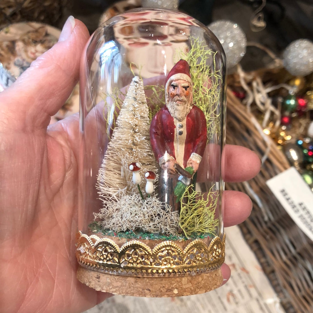 Antique German Woodsman Santa Under Glass Dome