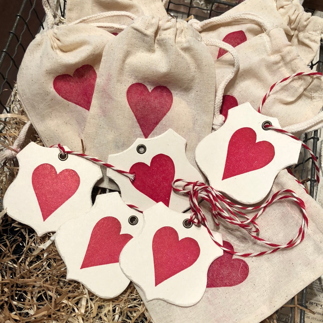 Letterpress Valentine Gift Tags and Muslin Bag