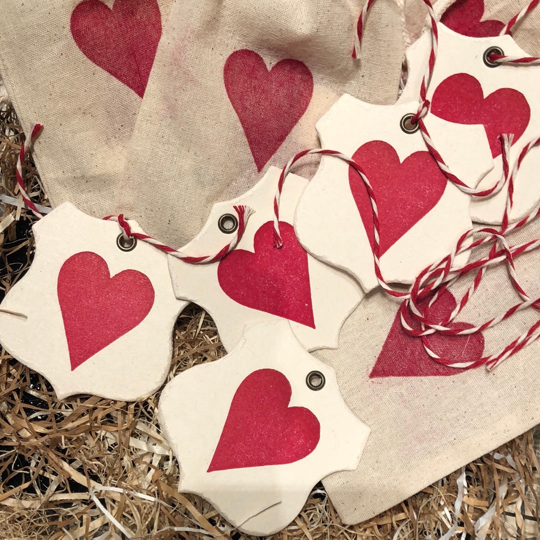 Letterpress Valentine Gift Tags and Muslin Bag