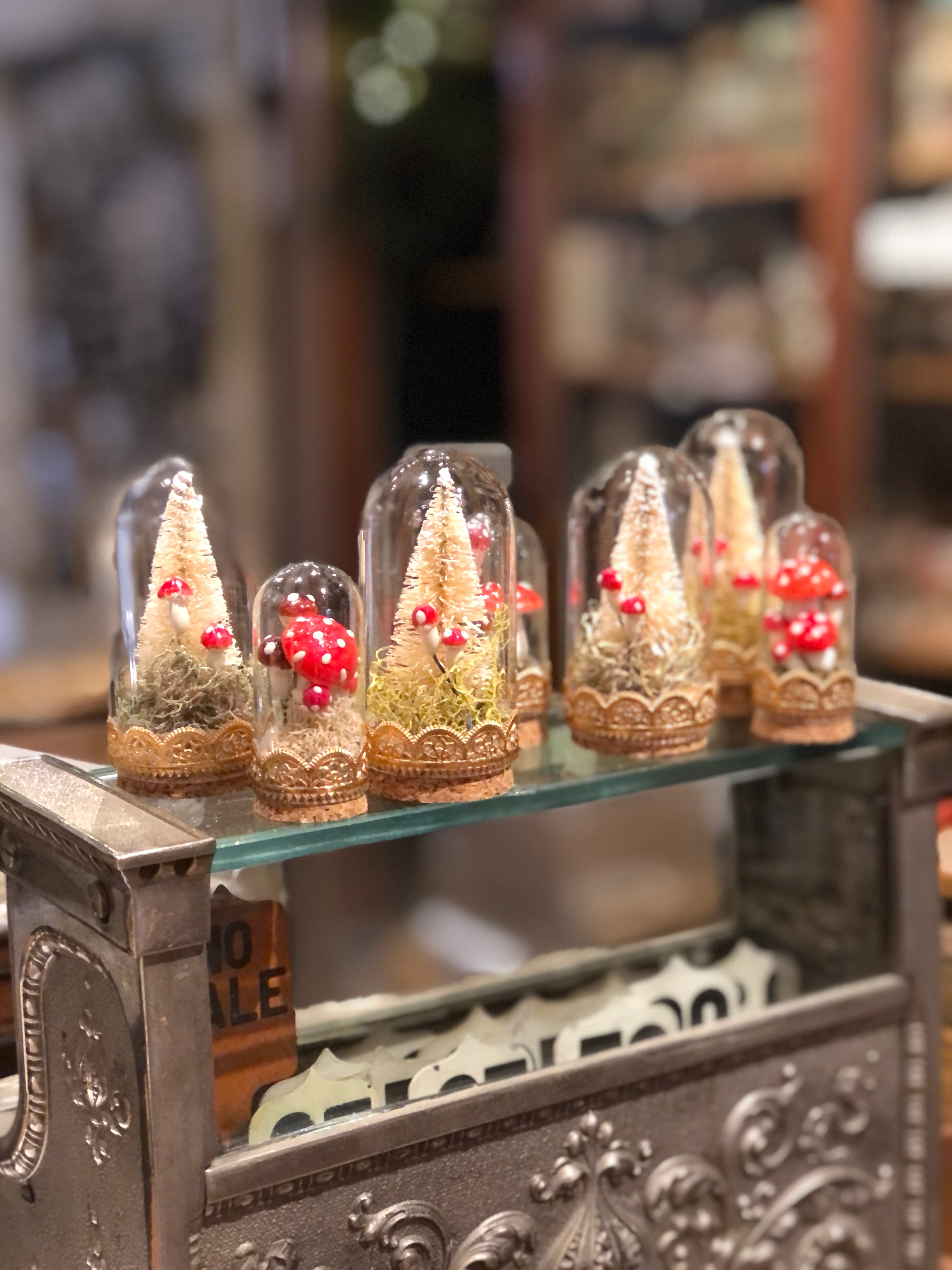 Set of Two Miniature Glass Domes With Tree and Mushrooms