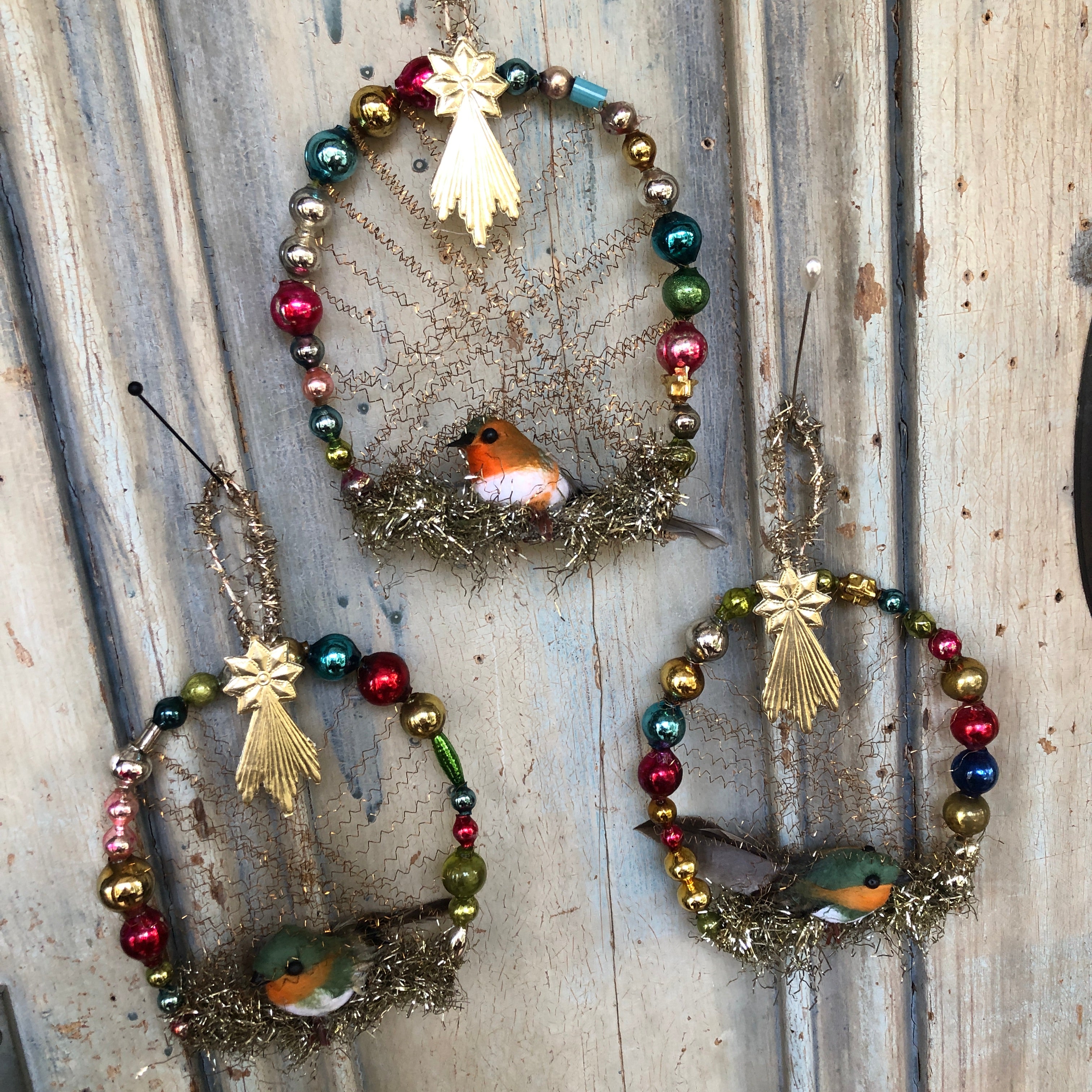 Vintage Bird in Antique Beaded Wreath