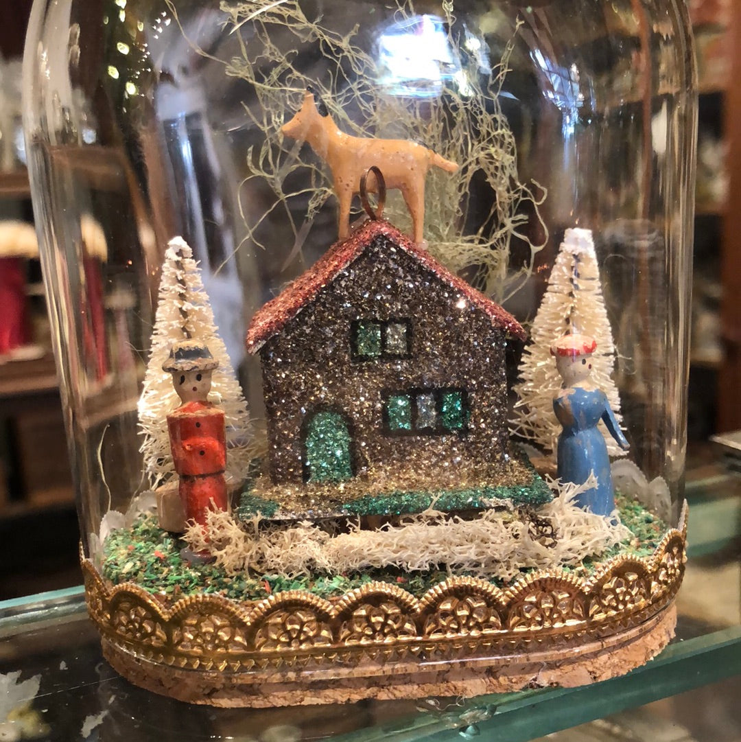 Erzgebirge Toys and Cottages Under Glass Dome