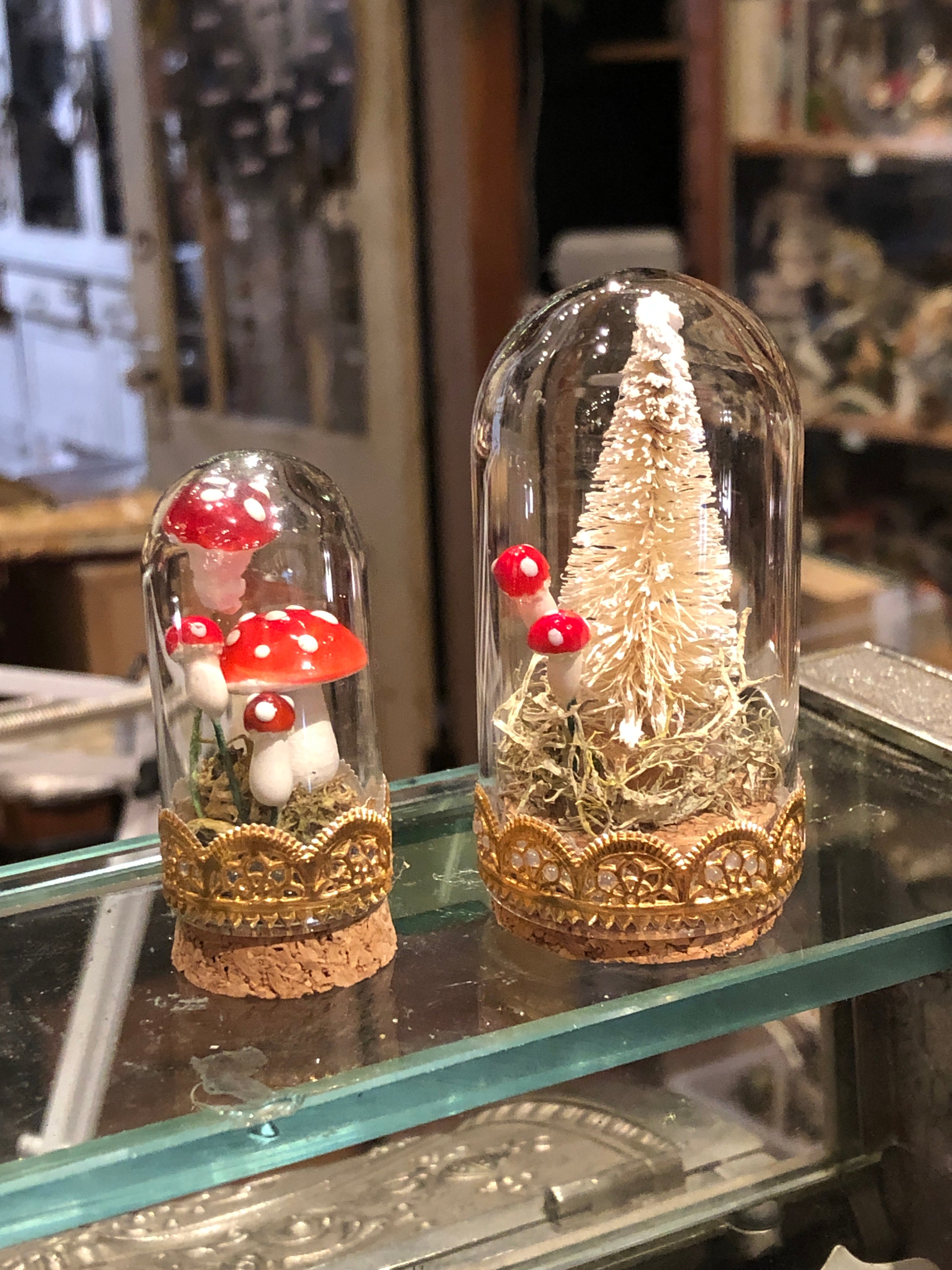 Set of Two Miniature Glass Domes With Tree and Mushrooms