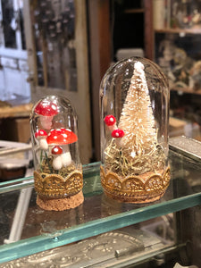 Set of Two Miniature Glass Domes With Tree and Mushrooms