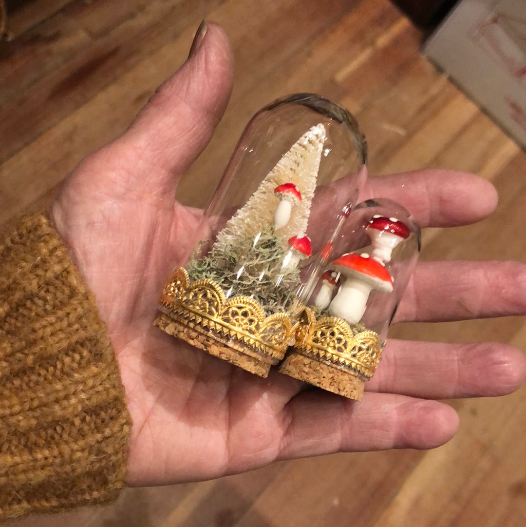 Set of Two Miniature Glass Domes With Tree and Mushrooms