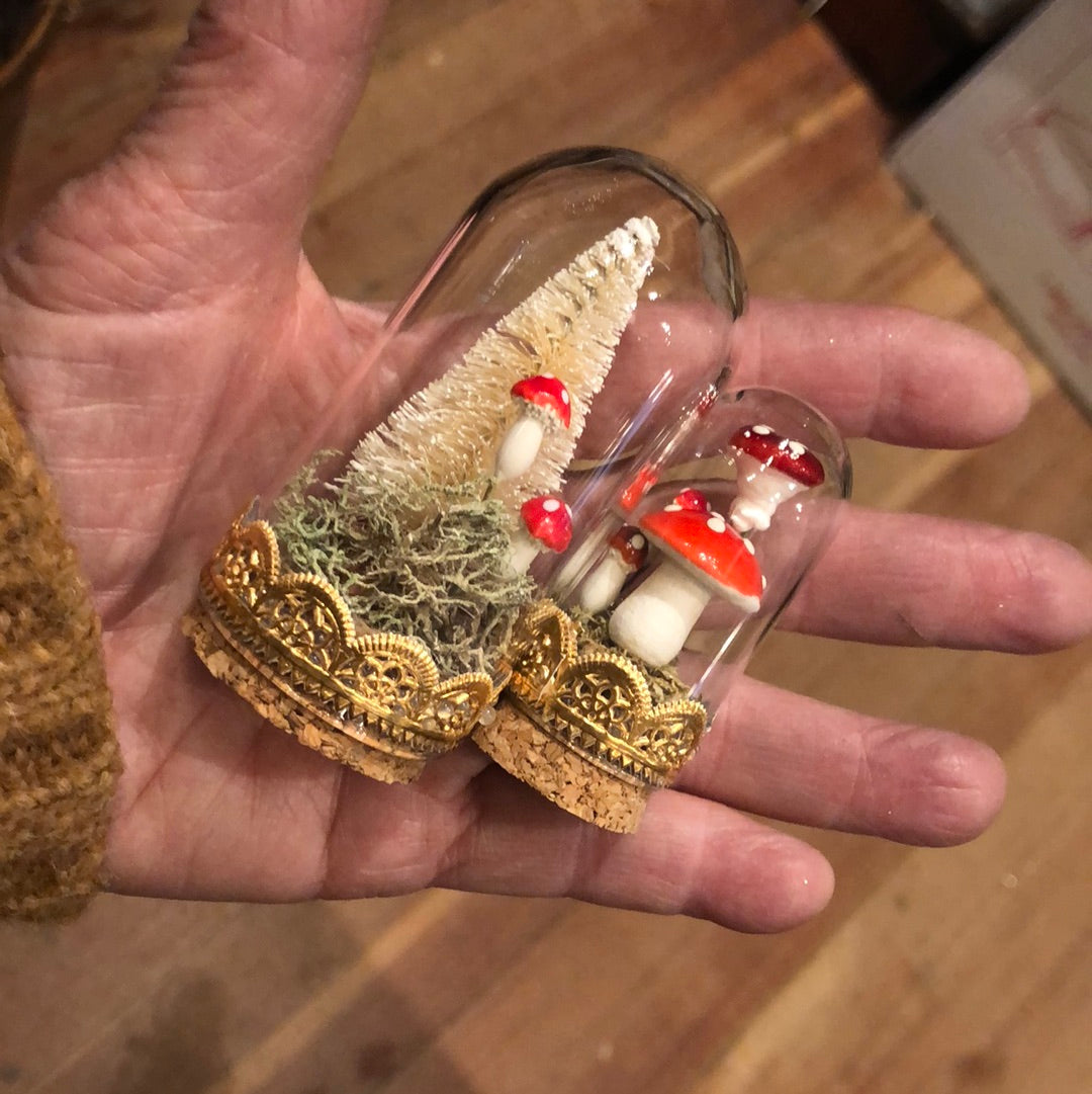 Set of Two Miniature Glass Domes With Tree and Mushrooms