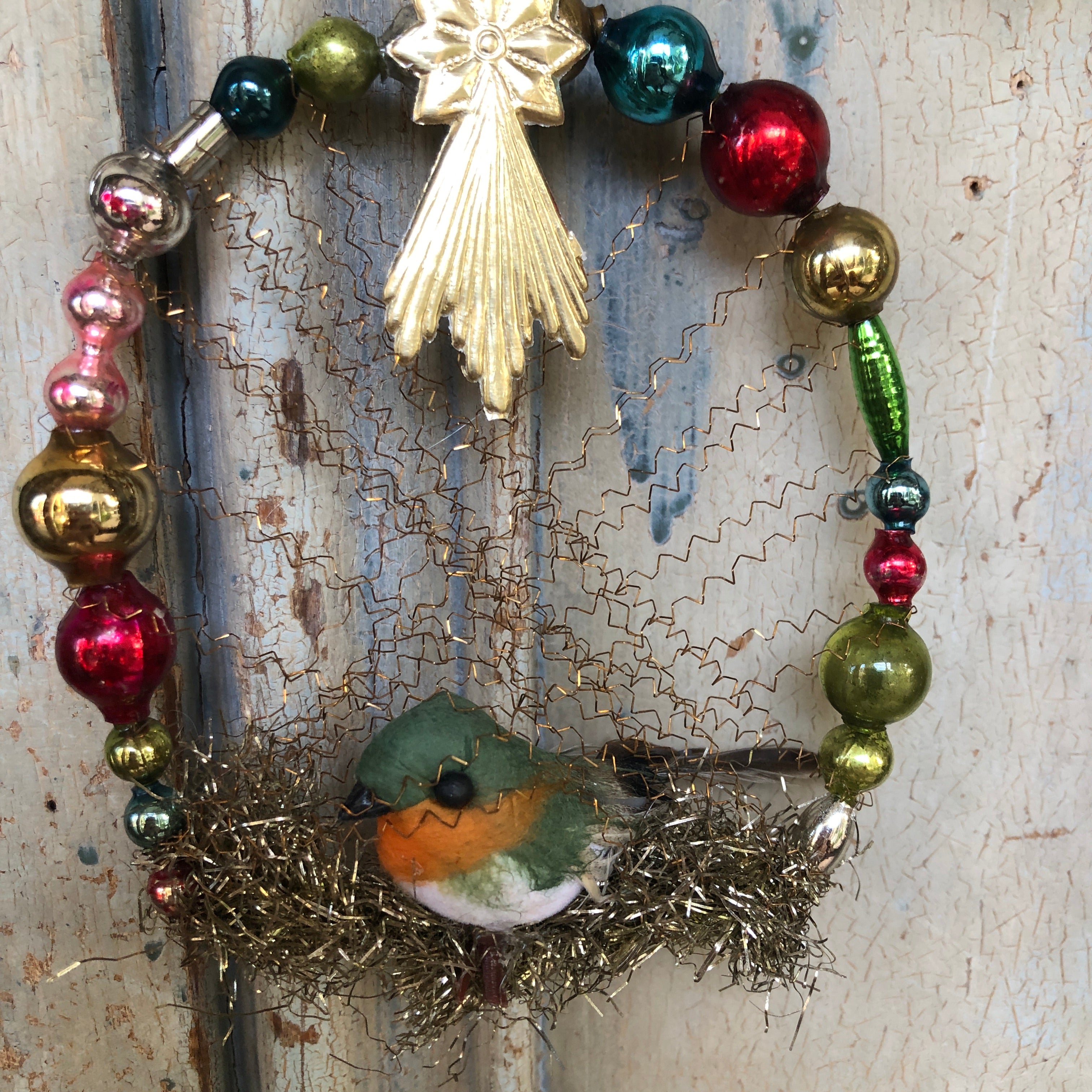 Vintage Bird in Antique Beaded Wreath