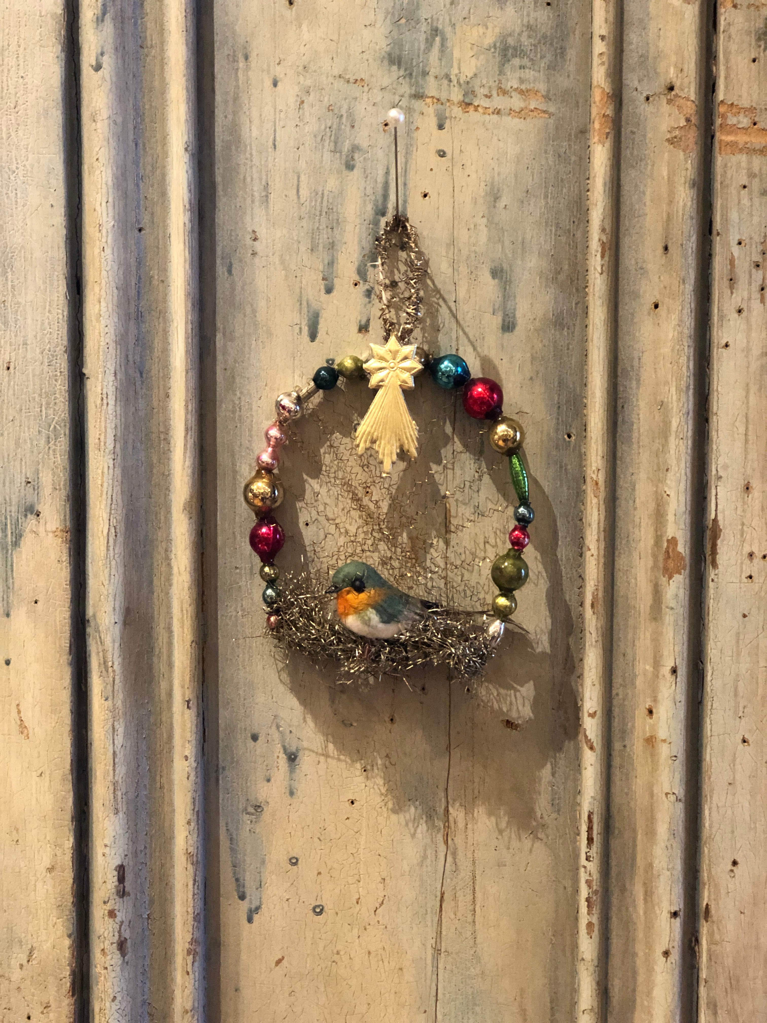 Vintage Bird in Antique Beaded Wreath