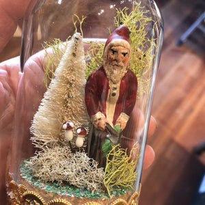 Antique German Woodsman Santa Under Glass Dome